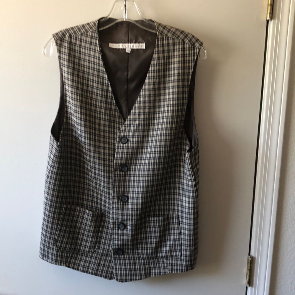 Perry Ellis Vest Linen Blend Size L Tan plaid GUC